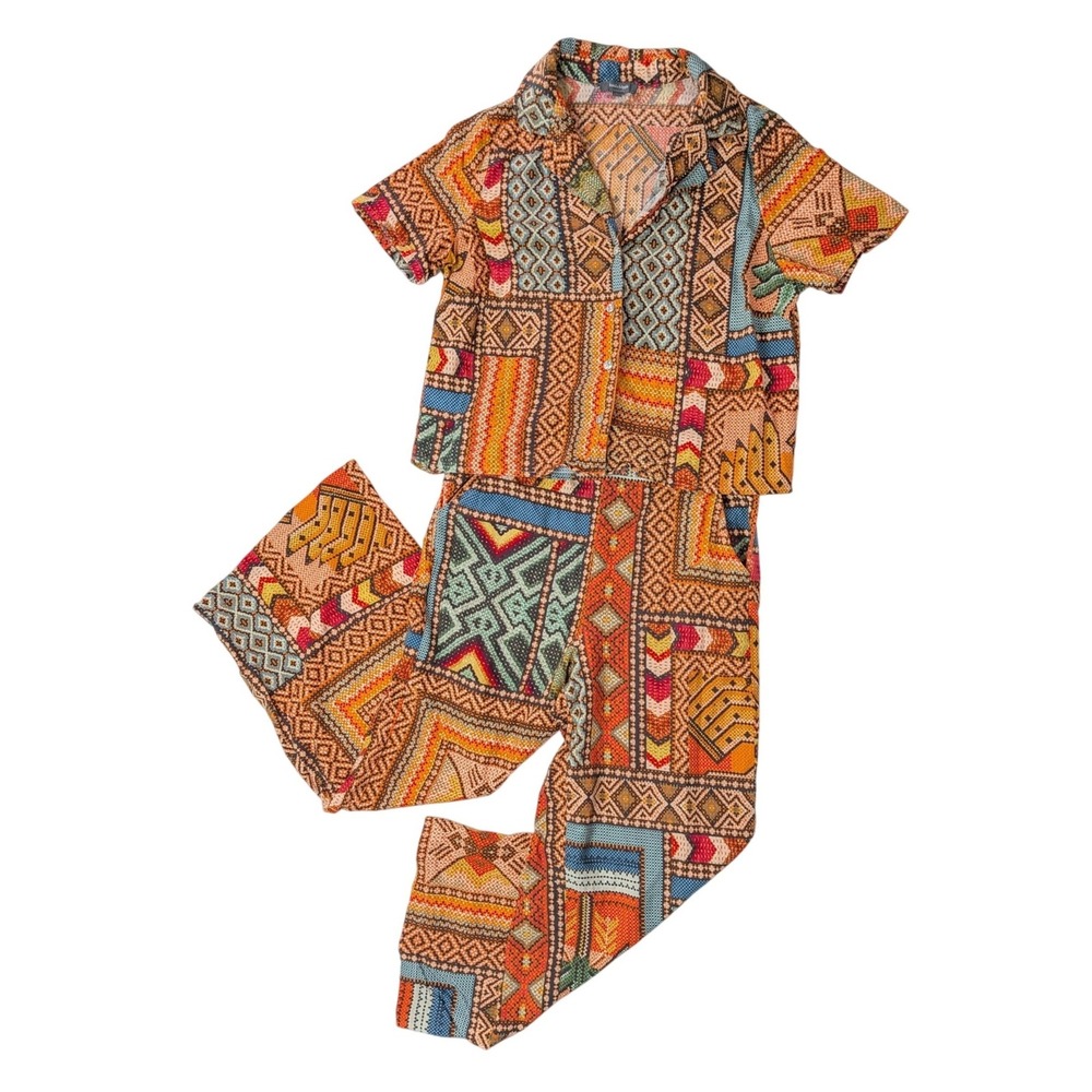 Haute Hippie 2 Piece‎ Set Women's S Linen Rayon Patchwork Shirt Pants Boho